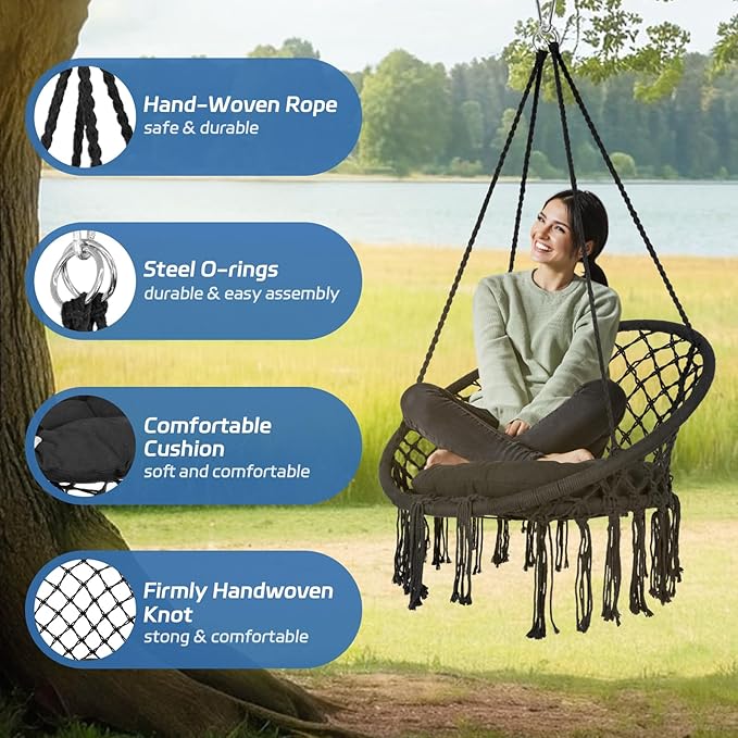 Hammock Chair Macrame Swing Cotton Rope Handwoven Hanging Chair 330 Pounds Capacity Macrame Tassels Hammock Swing for C-Hammock Stand Living Room Yard Garden Balcony (Black)
