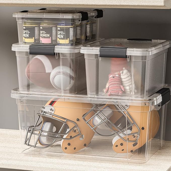 Superio Storage Bins with Lids- 4 Pack 1.85 Qt Clear Boxes for Organizing Stackable Plastic Containers- BPA Free Non-Toxic Odor Free Organizer for Home Office Dorm