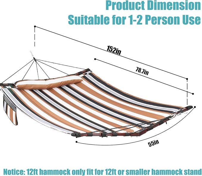 TegerDeger 12FT 2 Person Hammock Large Hammock 450LB Capacity with V Shaped Hardwood Spreader Bar &amp Nylon Rope for Outside Patio Garden Backyard Beach Poolside - Coffee Stripes