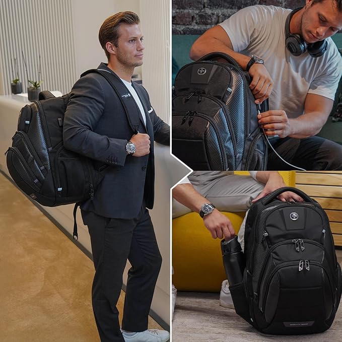 Swissdigital Design TSA Business Laptop Backpack for Men Large Capacity Travel Backpack with Apple Find My Network and USB Charging Port Tech Backpacks Fits 17 Inch Computer Black| SD1643FB-01