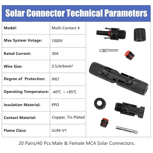 50PCS Solar Connectors 25 Pairs with 2 Pack Wrenches - IP67 Waterproof 1000V 30A Male/Female Multi-Contact 4 Connectors for 2.5/4/6mm Solar Panels