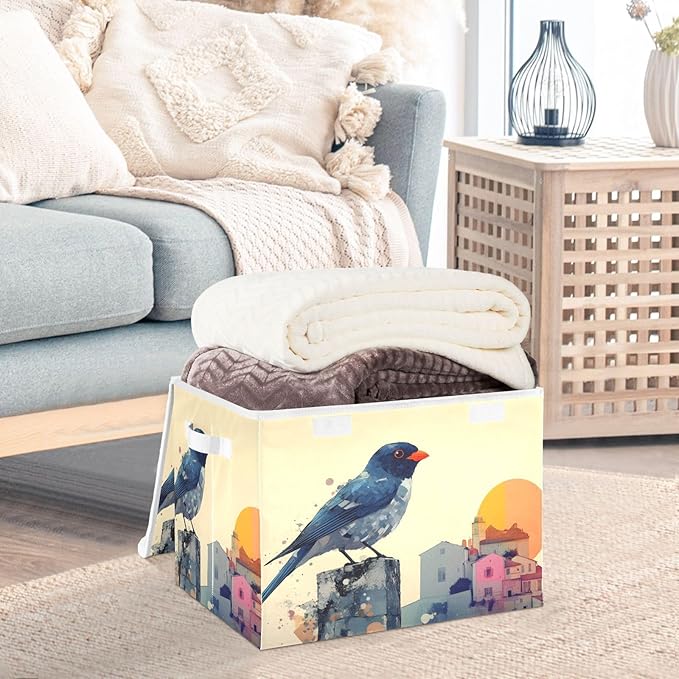 AIXIWAWA Lidded Storage Cube (Bird Artwork) Fabric Foldable Closet Bins with Flip Lid and Handles Organizer Basket Container 16.5 x 12.6 x 11.8 IN