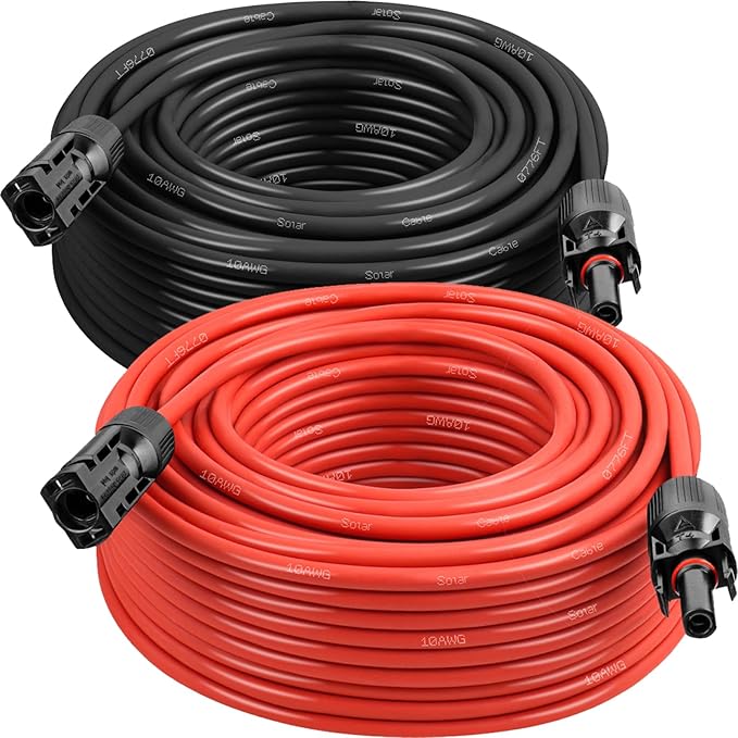 MOOKEERF Solar Panel Extension Cable - 10AWG 100FT PV Wire with Waterproof Female &amp Male Connectors for RV Home Boat Car (Red + Black)