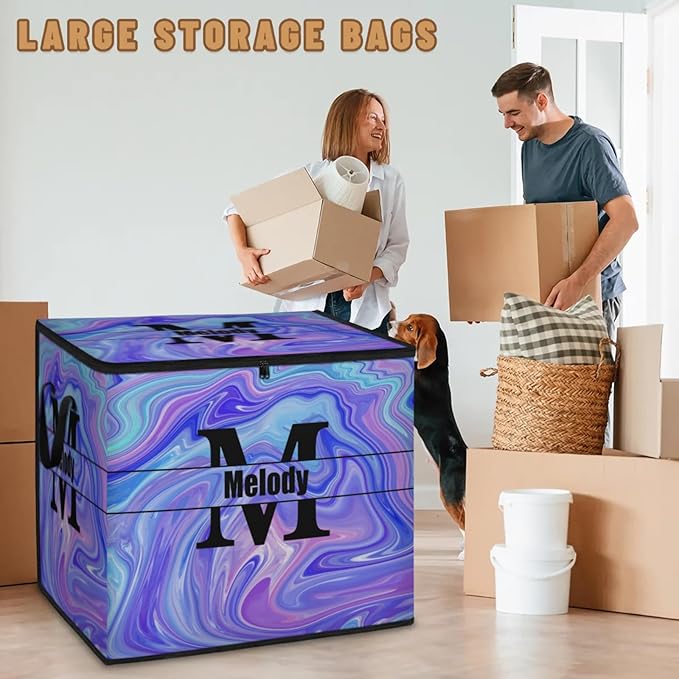 Personalized Storage Bins with Lid Customized Name Initial Letter Jumbo Storage Basket Rectangle Clothes Organizer for Organizing Kids and Pets Toys Shelf Closet Abstract Purple Pattern