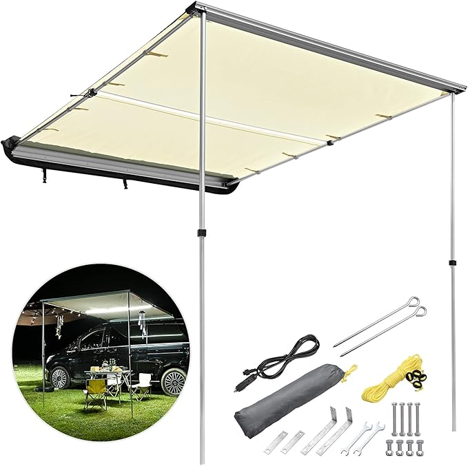 Car Side Awning with LED Light Pull Out Tent Shelter PU2000mm UV50+ Shade SUV Outdoor Camping Beige 6.6x8.2'
