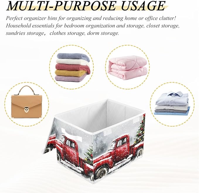 Collapsible Storage Bins Truck Christmas Tree with Lids &amp Handles Foldable Storage Boxes Basket with Flip-Top Lid for Home Office 16.5” x 12.6” x 11.8”