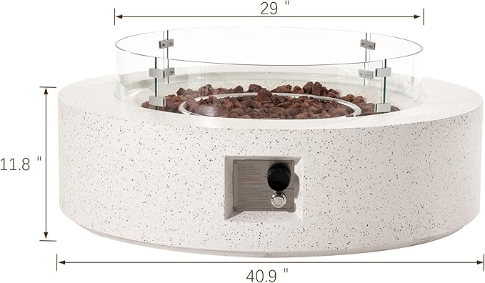 SUNBURY Outdoor 42 Inch Propane Fire Pit Table Patio Gas Fire Table 50000 BTU Fire Pit for Outside in Spotted White w Glass Wind Guard Lava Rocks