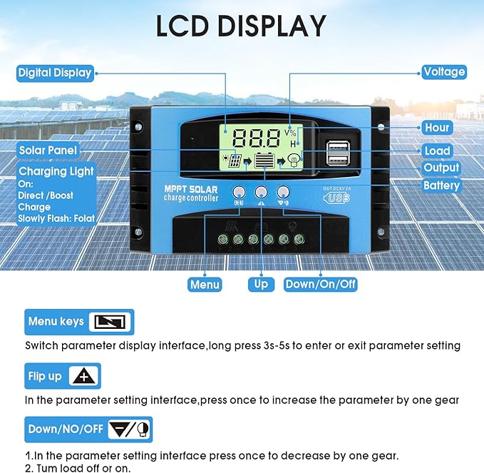 Solar Charge Controller MPPT 12/24V Auto-Switch Universal Controller for Lead-Acid &amp Lithium Batteries (60A)