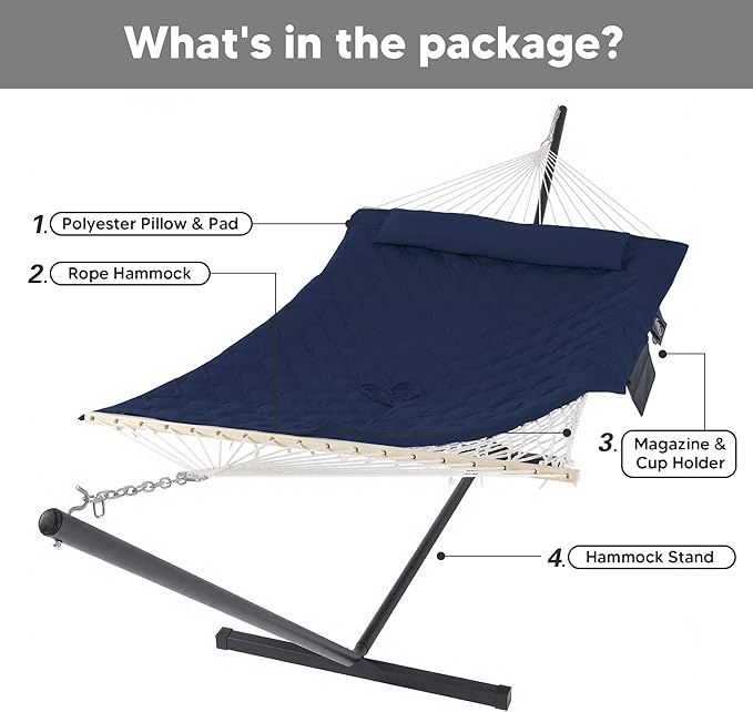 SUNCREAT Two Person Hammock with Stand Heavy Duty Backyard Hammock and Stand Navy Drops