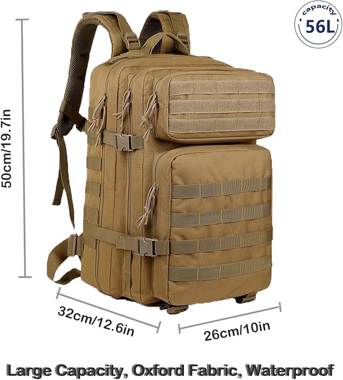 56L Tactical Backpack Military Molle Backpack Army 3 Day Waterproof Durable Hiking Rucksack for Men 24H Outdoor Survival Bug Out Bag for Camping Travel Hunting Khaki