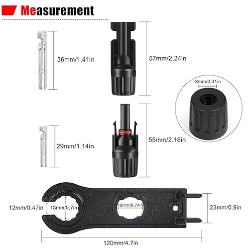 100PCS MC4 Soar Connectors Solar Panel Cable Connectors 1000V 30A IP67 Waterproof Male/Female Plug with Spanners Suitable for 14AWG-10AWG Solar Cables (50 Pairs)