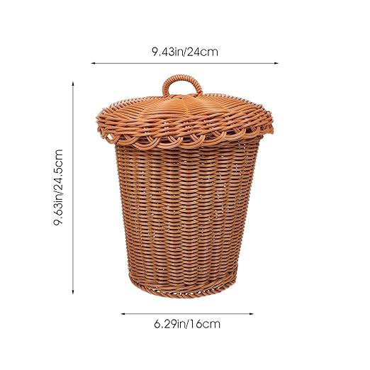 Alipis Imitation Rattan Woven Trash Basket with Lid 12.20X9.64X9.44 Inch Desktop Garbage Bin for Home Office Study Storage Organizer Sundries Container