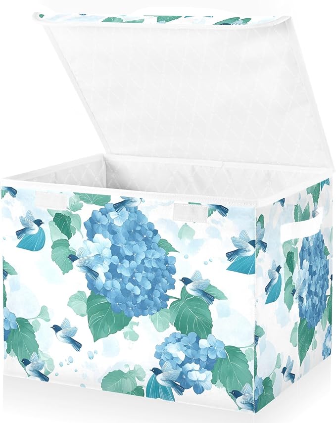 ALAZA Hydrangea Flower Bird Storage Bins Organizer Box Baskets Lidded Clothes for Shelves Closet Collapsible Stackable Storage Cubes Handles