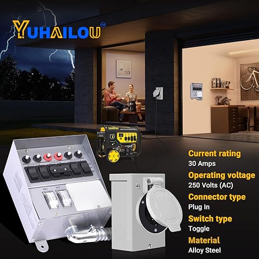 30 Amp Generator Transfer Switch Kit 6-Circuit 7500 Watts Include Weatherproof Inlet Box 10 Foot Power Cord watt Meters Indoor Surface-Mounted Use Replace 31406CWK