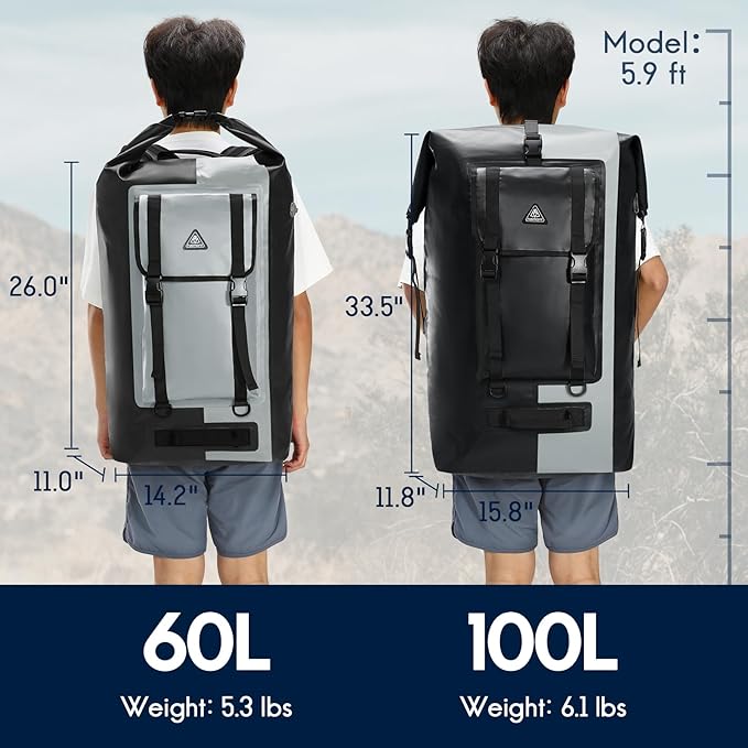 Haimont Waterproof Backpack Roll Top Dry Bag Kayak Dry Backpack IPX7 for Outdoor Dry Pack Boating Fishing 60L Black/Gray
