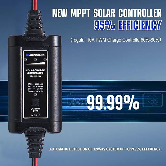 10A MPPT Solar Charge Controller ATEM POWER 12/24 Volt Intelligent Portable Solar Panel Controller for Solar Panels Solar Regulator with LED Indicate for Gel AGM Lead-Acid LiFePO4 Lithium Battery