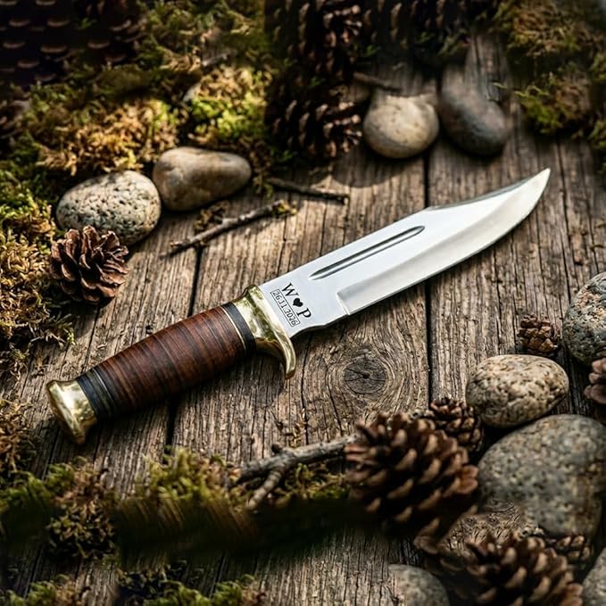 Perkin Personalized Hunting Knife with Free Engraving – Handmade 12.5” Fixed Blade with Leather Handle &amp Sheath Survival Gift for Men - Bowie Knife