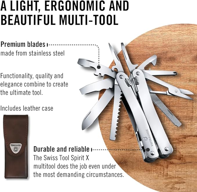 Victorinox Swiss Tool Spirit X Multi Tool 24 Function Swiss Made with Locking Blade and Long-Nosed Pliers and Leather Pouch - Silver