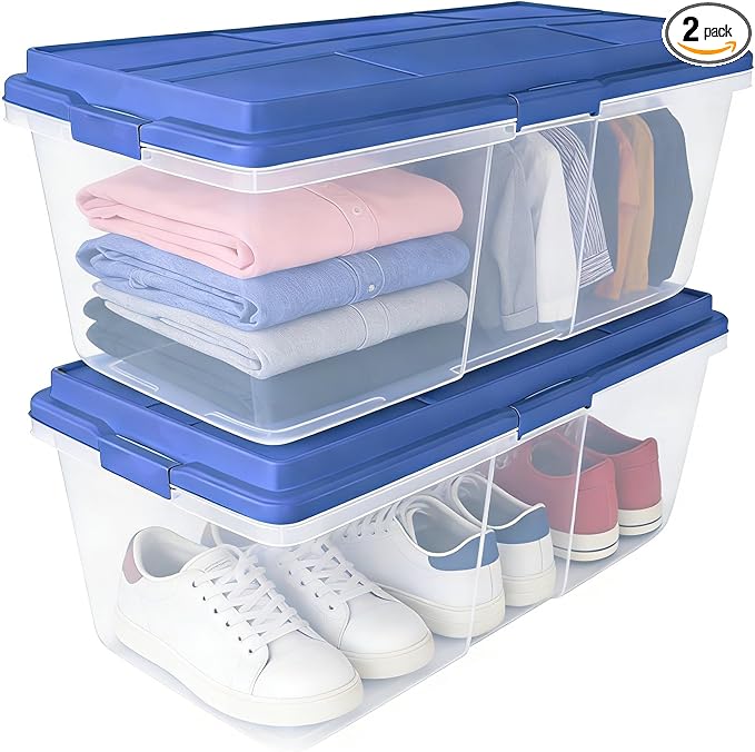 2 Pack 113 Quart Clear Plastic Storage Bins Stackable with Locking Latches &amp Smoke Blue Lid Dust-Resistant Organizer for Garage Home Office Attic Store Seasonal Decor Tools Crafts Blanket