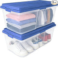 2 Pack 113 Quart Clear Plastic Storage Bins Stackable with Locking Latches &amp Smoke Blue Lid Dust-Resistant Organizer for Garage Home Office Attic Store Seasonal Decor Tools Crafts Blanket