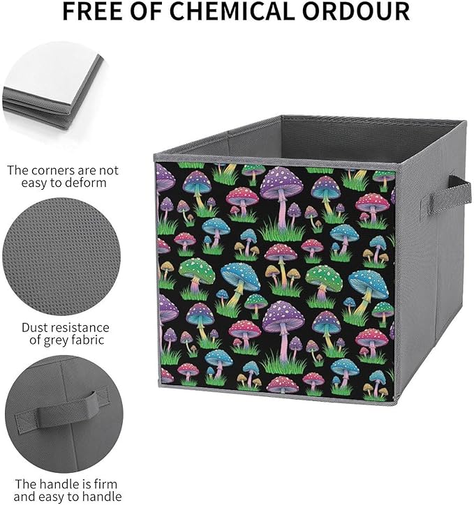 Fabric Storage Bins with Handles Neon Mushroom Foldable Collapsible Cube Organizer for Shelves Multi-Purpose Box for Bedroom Living Room Closet