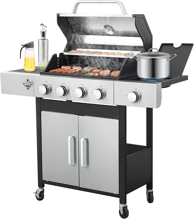 4-Burner Propane Gas Grill with Side Burner 46000 BTU Outdoor BBQ Grill with Porcelain-Enameled Cast Iron Grates and Griddle Pan Built-in Thermometer Stainless Steel Grill for Outdoor Cooking