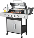 4-Burner Propane Gas Grill with Side Burner 46000 BTU Outdoor BBQ Grill with Porcelain-Enameled Cast Iron Grates and Griddle Pan Built-in Thermometer Stainless Steel Grill for Outdoor Cooking
