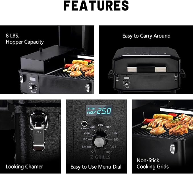 Z GRILLS ZPG-200APro Portable Tabletop Wood Pellet Grill and Smoker Digital Control 8 in 1 BBQ Grill for Outdoor Kitchen Backyard 202 Sq Inches of Cooking (Black)