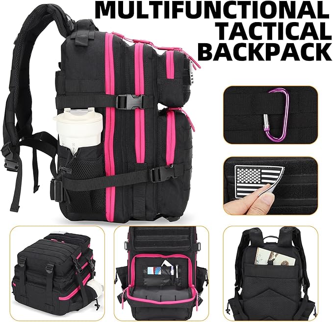 Lovelinks21 25L Tactical Military Backpack Small Travel Backpack for Men and Women Assault Pack Bug Out Bag Molle Daypack Gym Backpack with Bottle Holder (Black Neon Pink)