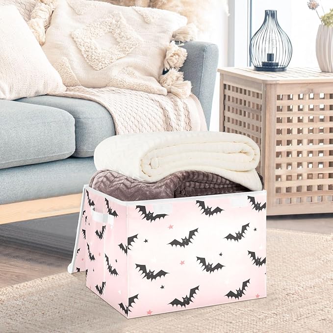 Halloween Bats Pink Lidded Home Storage Bins Closet Storage Bins Foldable Oxford Fabric Storage Box for Home Bedroom Closet Office (16.5x12.6x11.8 in)