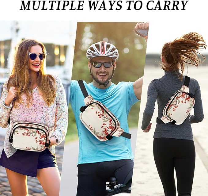 Flowery Berry Waterproof Fanny Pack for Women Men Adjustable Waist Bag with Double Zipper Pockets Lightweight Square Hip Pack for Running Travel Hiking Workout Cycling