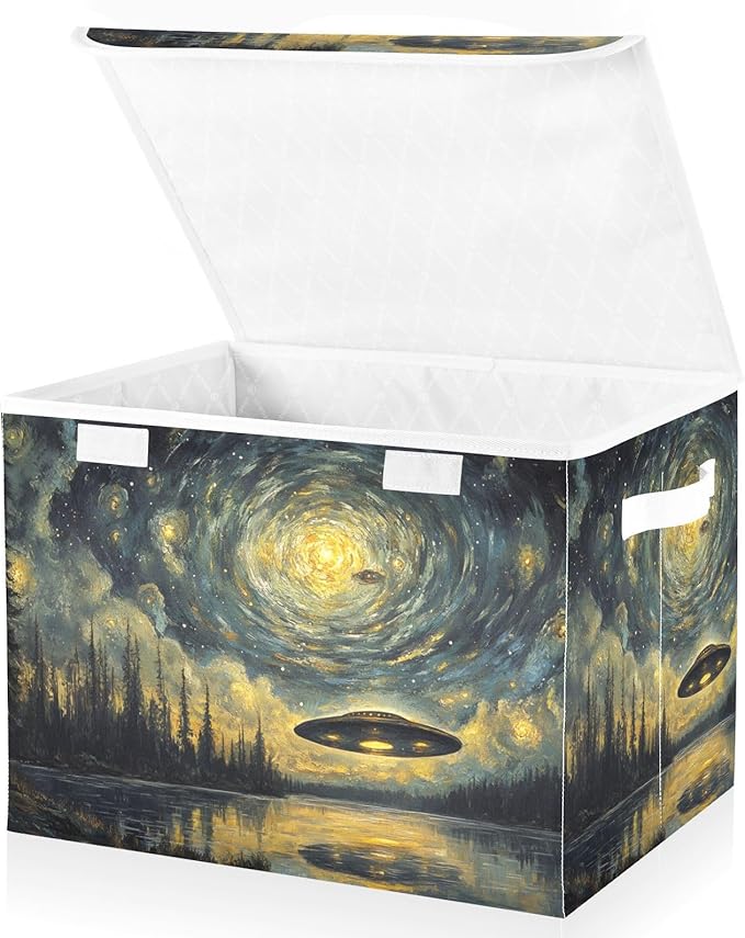 AIXIWAWA Lidded Storage Cube (Art Painting Ufo) Fabric Foldable Closet Bins with Flip Lid and Handles Organizer Basket Container 16.5 x 12.6 x 11.8 IN