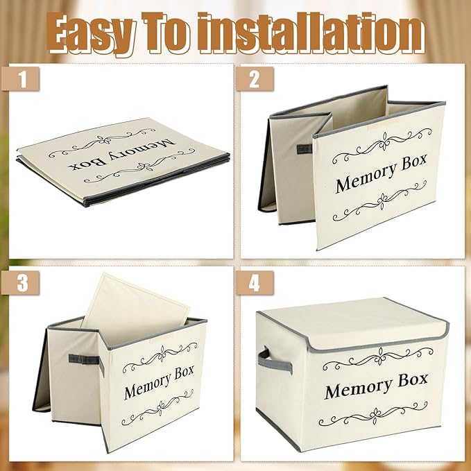 LemonRoad 2Pcs Memory Box Keepsakes for Kid Memory Decorative Storage Box Bin with Lid for Baby Wedding Travel Birthday Anniversary Precious Milestones Gift Loved Ones Treasured 16x12x12''(Ecru)