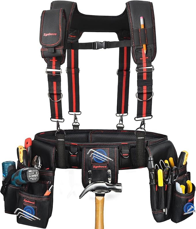 Heavy Duty Tool Belt with Padded Suspenders – Adjustable Construction Tool Rig with Multi-Pouch System – Framing &amp Electrician Waist Belt for Men（Adjustable one sizeZ)