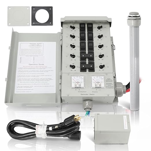 EGS107501G2KIT 30A 10-Circuit Generator Transfer Switch Kit 120/240V Backup Power7500W Includes Inlet Box &amp 10ft L14-30 Cord Built-in Watt Meters Backfeed Protection