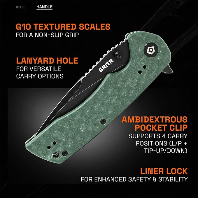GRITR Stealth Folding Pocket Knife w/ 3.5 D2 Steel Blade for Military Hunting Camping Hiking – Green Handle Non-Serrated Blade with Stonewashed Finish