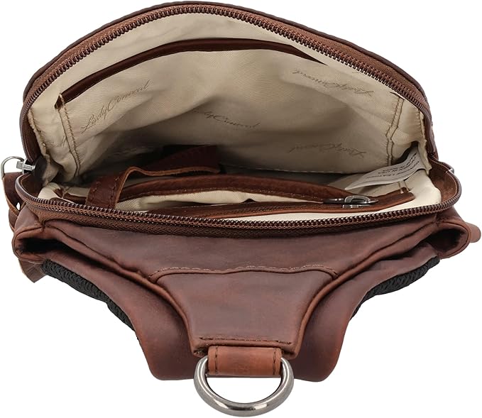 Lady Conceal - Dakota Unisex Leather Concealed Carry Sling Bag - Medium Frame Handgun - Concealment pockets with Magnetic Closure and Universal Holster Backpack (Dark Brown) - 7 L x 15 H x 2 D