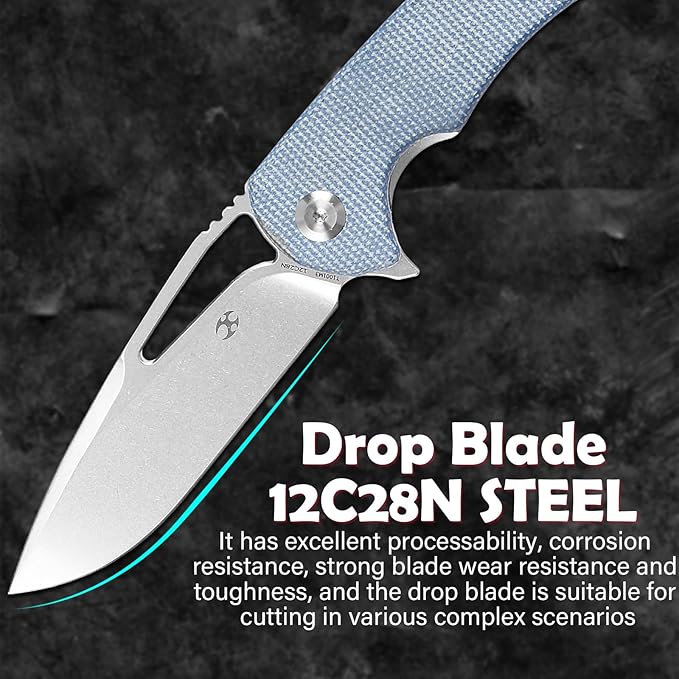 KANSEPT Kryo Pocket Knife 8.08in Folding Knives with 3.58in12C28N Steel Drop Point Blade and Blue Micarta Handle for Outdoor Tactical Survival and EDC T1001M3