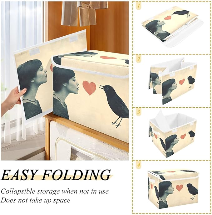 AIXIWAWA Lidded Storage Cube (Woman Bird Heart) Fabric Foldable Closet Bins with Flip Lid and Handles Organizer Basket Container 16.5 x 12.6 x 11.8 IN