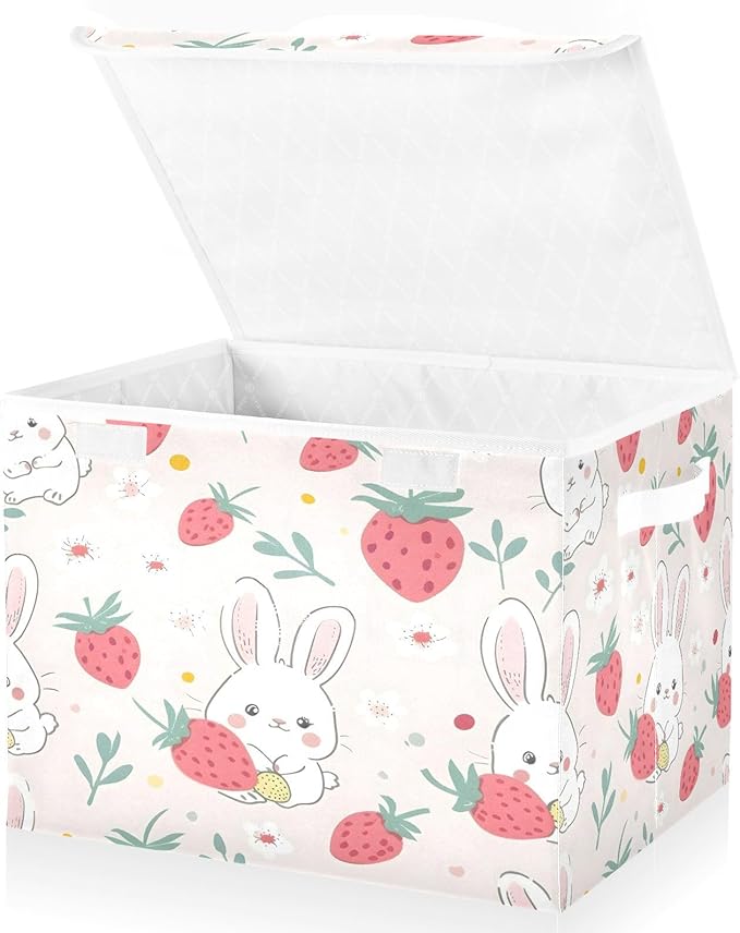 Rabbit Strawberry Large Collapsible Storage Bins with Lids Easter Storage Baskets Organizer Containers with Handles for Nursery Clothes Toys