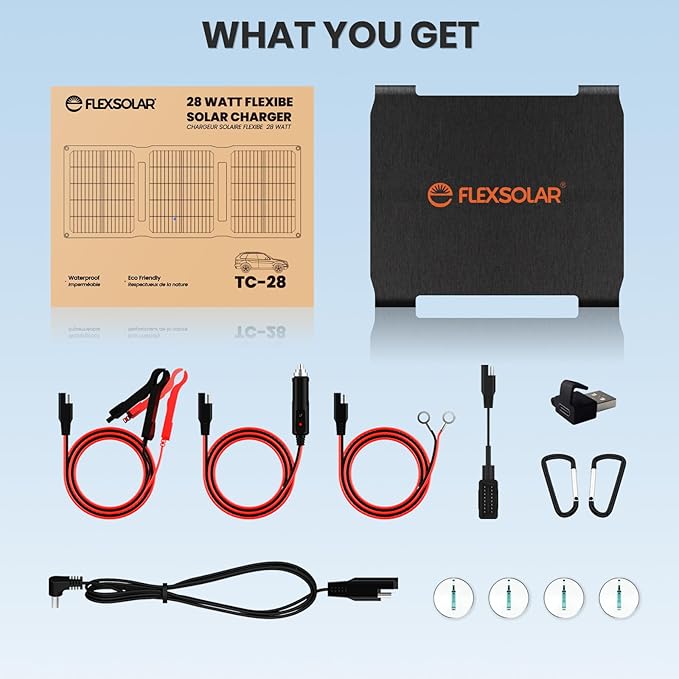 FlexSolar 28W Foldable Solar Panel Trickle Charger Maintainer Kits - 12V DC &amp QC3.0 USB Output with Built-in Controller Includes Cigarette Lighter Alligator Clips O-RingsOBDII Connector