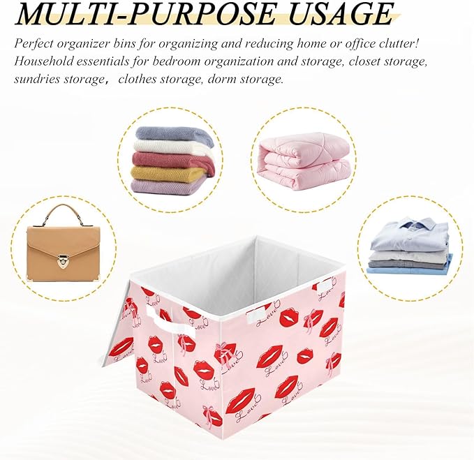 Collapsible Storage Bins with Lids Red Lips with Love Foldable Fabric Organizer Baskets for Closet Home &amp Seasonal Decor 16.5x12.6x11.8 Inches
