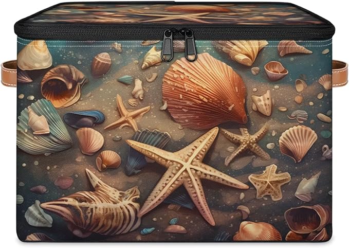 Storage Bins with Lids Retro Starfish Seashells Storage Basket Clothes Organizer with Handles Closet Storage Containers for Clothing Bedding Blanket