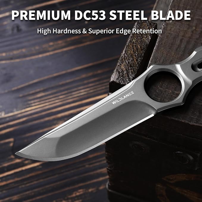 EDC Fixed Blade Knife with Sheath Camping Knife Fixed Blade 3.3 DC53 Steel Outdoor Survival Blade Full Tang Hunting Knives for Men Women IB-01 Silver