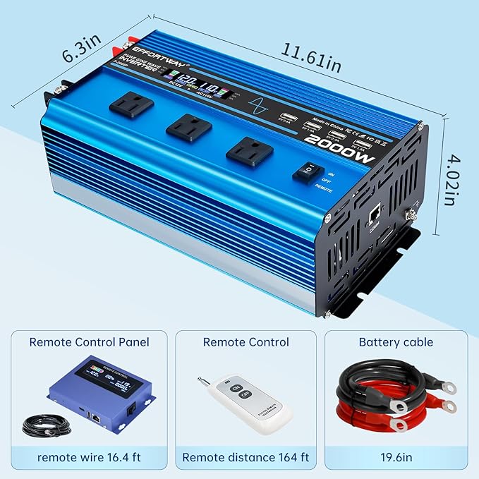 2000W Pure sine Wave Inverter 4000W (Peak) DC 12V to AC 110V/120V Converter with LCD Display Wireless/Wired Remote Control 3AC Outlets and 4USB for Camping RV Travel Off-Grid Solar Systems