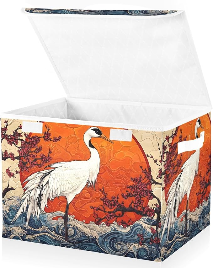 Collapsible Storage Bins Crane Waves Cherry with Lids &amp Handles Foldable Storage Boxes Basket with Flip-Top Lid for Home Office 16.5” x 12.6” x 11.8”