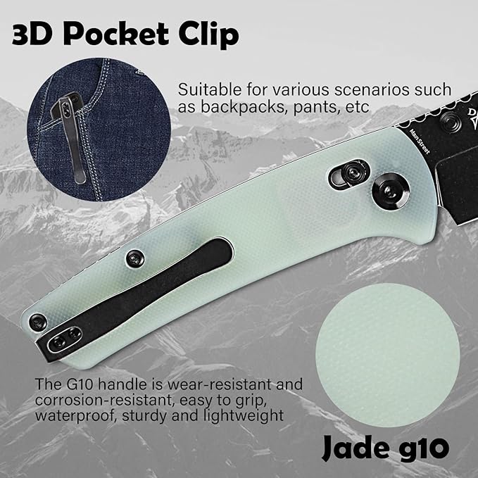KANSEPT Main Street Pocket Folding Knife 3.36''Black Ticn Coated 154CM Sharp Steel Blade Jade G10 Handle and Thumb Stud Perfect Clip for Camping Hiking Fishing Everyday Carry T1015v7