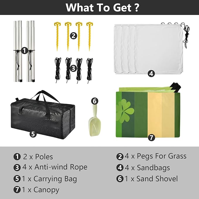 St Patrick's Clovers Stripes Beach Tent Sun Shelter Set UPF50+ UV Protection 10.5 x 9.19 FT Camping Shade Canopy with Sandbags Sand Anchors Carrying Bag and Others