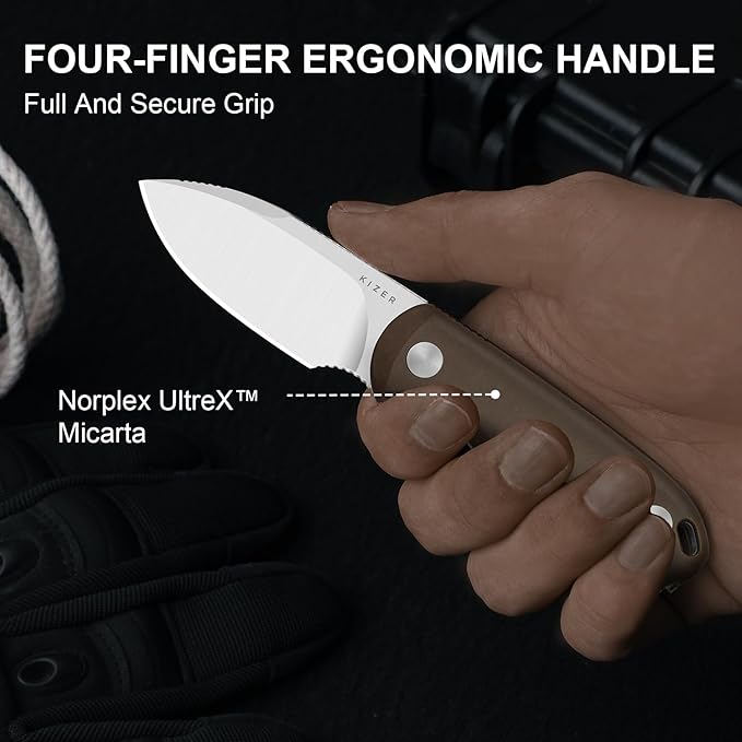 Kizer Drop Bear Fixed Blade Knife 2.57 14C28N Satin Blade EDC Camping Knife with Norplex UltreX™ Brown Micarta Handle &amp Built-in Tools Small Hunting Survival Knives with Kydex Sheath 1094A2