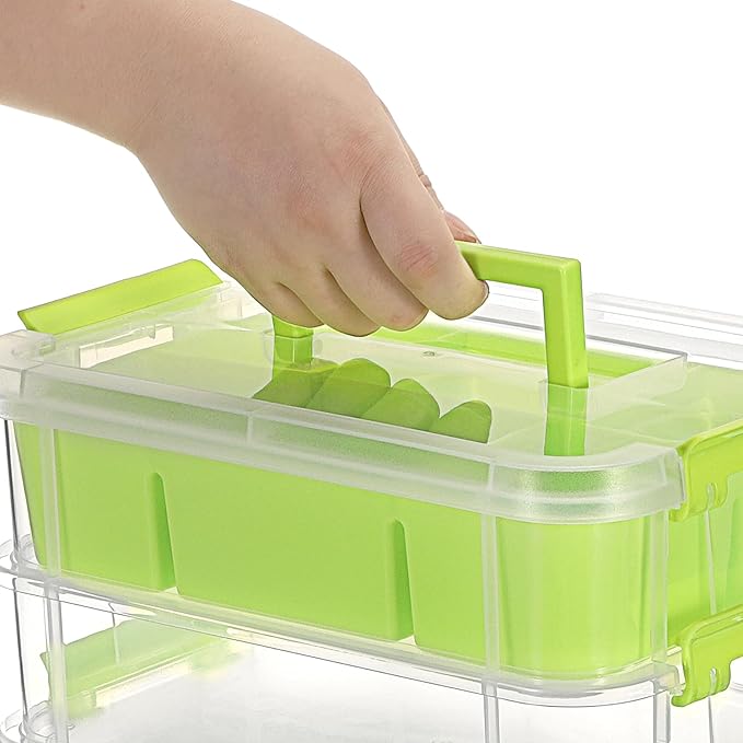 JUXYES 4-Tiers Stack Carry Storage Box With 2 Divided Tray Transparent Stackable Storage Bin With Handle Lid Latching Storage Container for School &amp Office Supplies Green